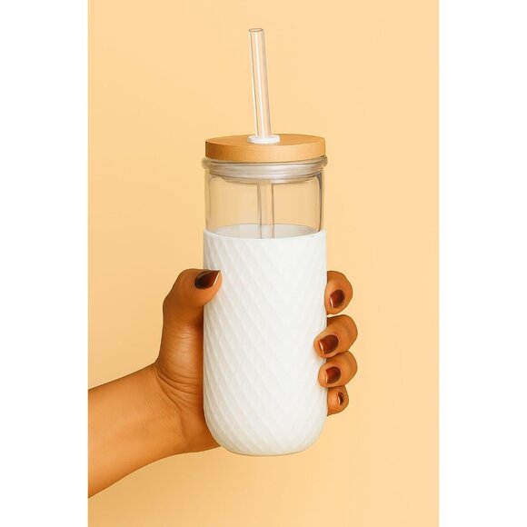 Ello Devon Glass Container Tumbler White Silicone Sleeve Wooden Lid Straw 18 OZ - Picture 15 of 15